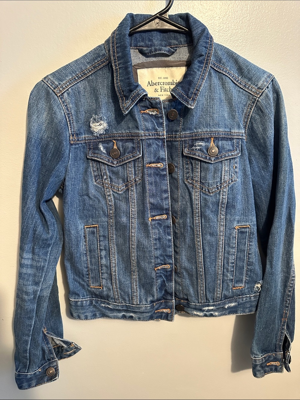 Abercrombie & Fitch Medium Blue Distressed Denim Jacket